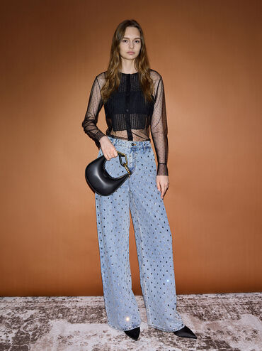 Mini Kora Chain-Link Moon Bag, Black, hi-res