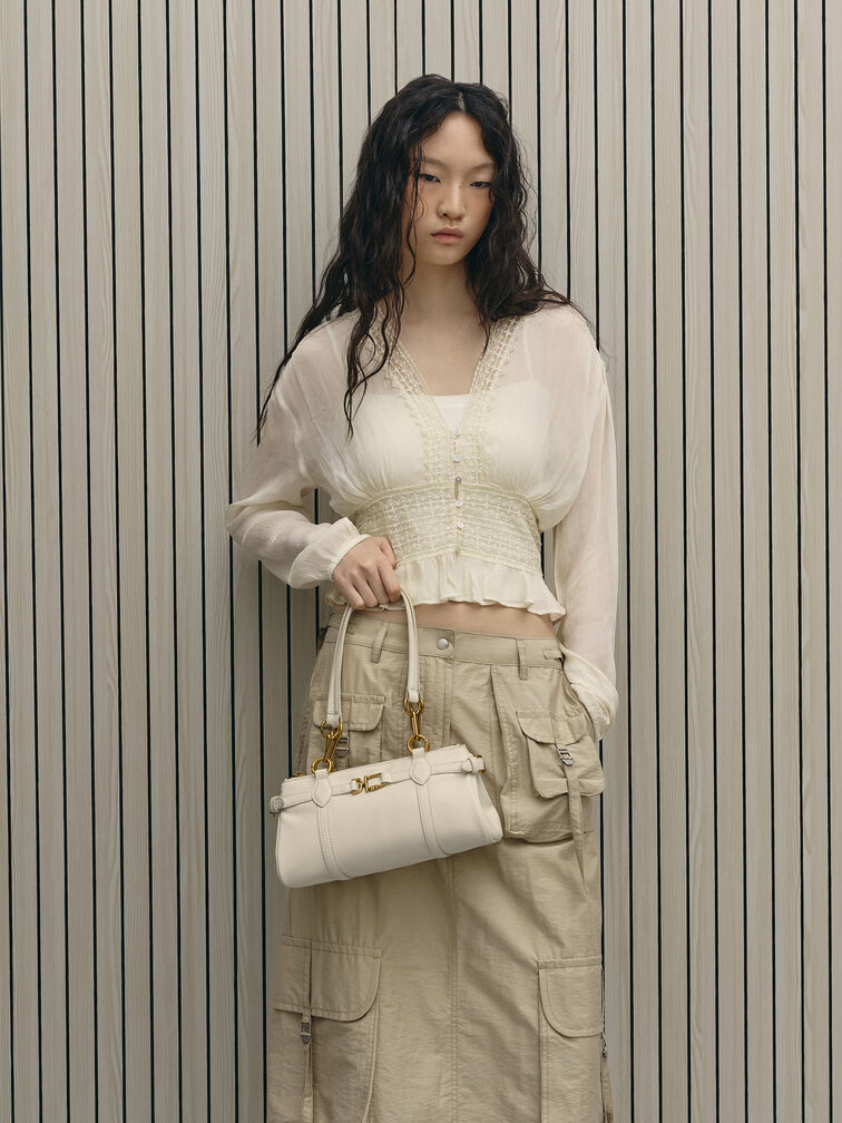 Gwynne Metallic-Accent Elongated Shoulder Bag, Cream, hi-res