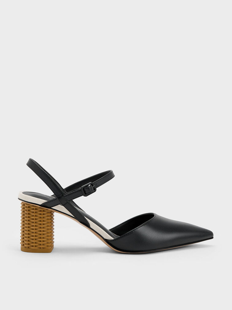 Rattan Block Heel Pumps, Black, hi-res