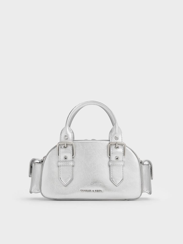 Blaise Metallic Buckle-Strap Side-Pocket Bowling Bag, Silver, hi-res