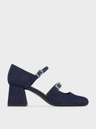 Denim Double-Strap D'Orsay Pumps, Dark Blue, hi-res