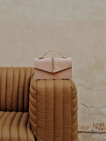 Taisia Satin Chain-Strap Envelope Bag, Champagne, hi-res