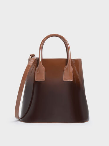 Two-Tone Leather Boxy Bucket Bag, Cognac, hi-res