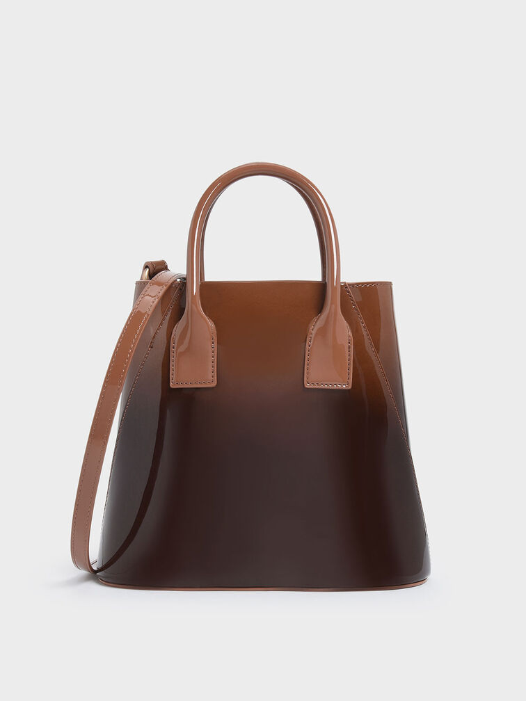 Two-Tone Leather Boxy Bucket Bag, Cognac, hi-res