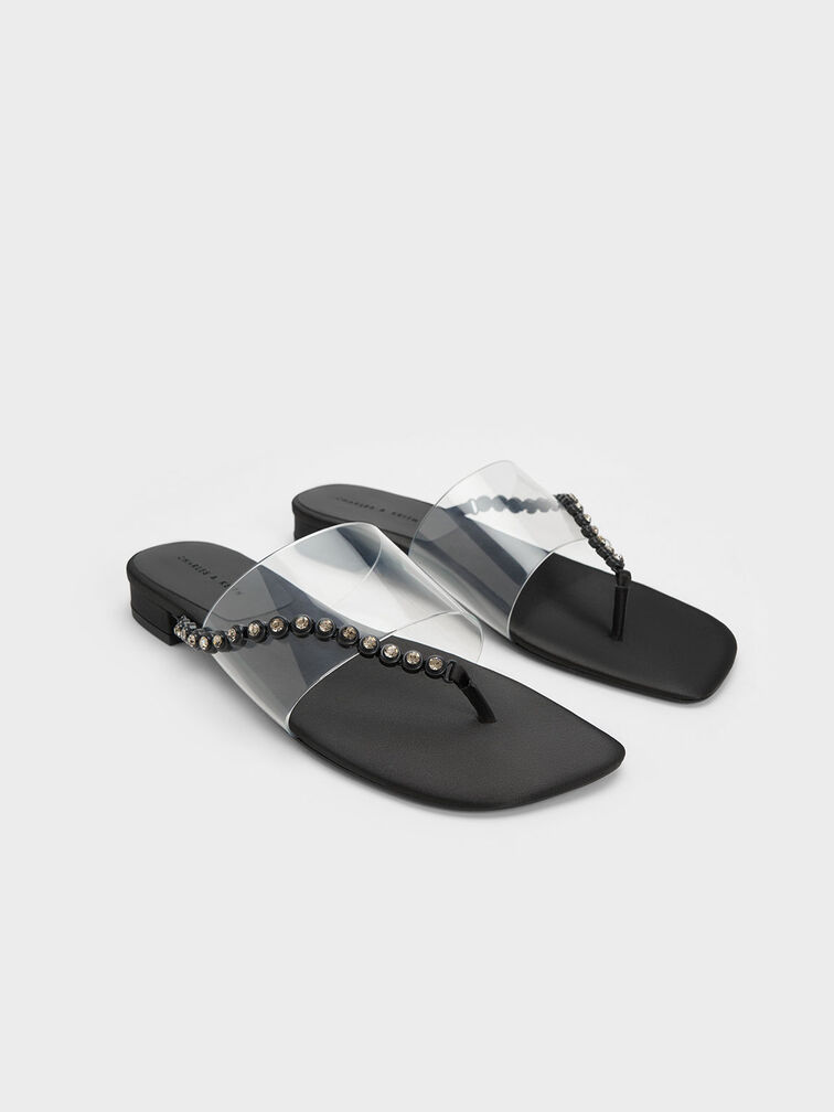 Recycled Polyester Gem-Strap Thong Sandals, Black, hi-res