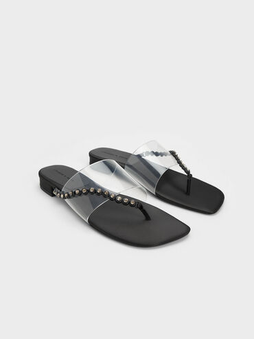 Recycled Polyester Gem-Strap Thong Sandals, Black, hi-res