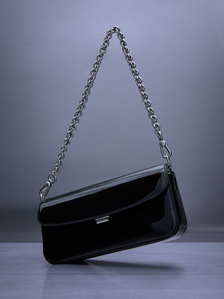 Patent Chain-Handle Shoulder Bag, Noir, hi-res