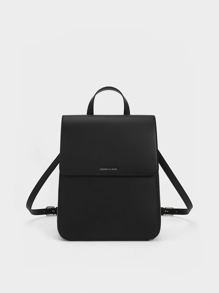 Front Flap Structured Backpack, Noir, hi-res