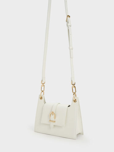 Belted Front Flap Shoulder Bag, White, hi-res
