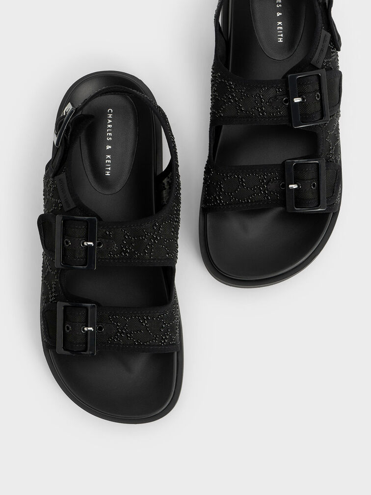 Beaded Mesh Flatform Sandals, Black, hi-res