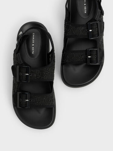 Beaded Mesh Flatform Sandals, Black, hi-res