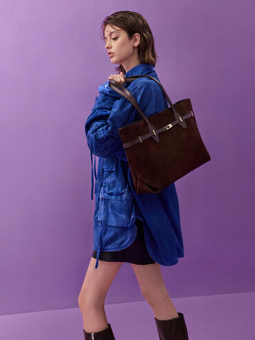 Arlet Recycled Suede Double-Handle Belted Tote Bag, Espresso Brown, hi-res