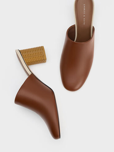 Rattan Block Heel Mules, Cognac, hi-res