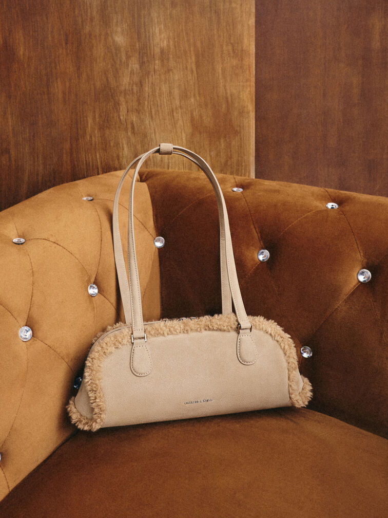 Nelly Recycled Suede & Faux Shearling Elongated Shoulder Bag, Nutmeg Beige, hi-res