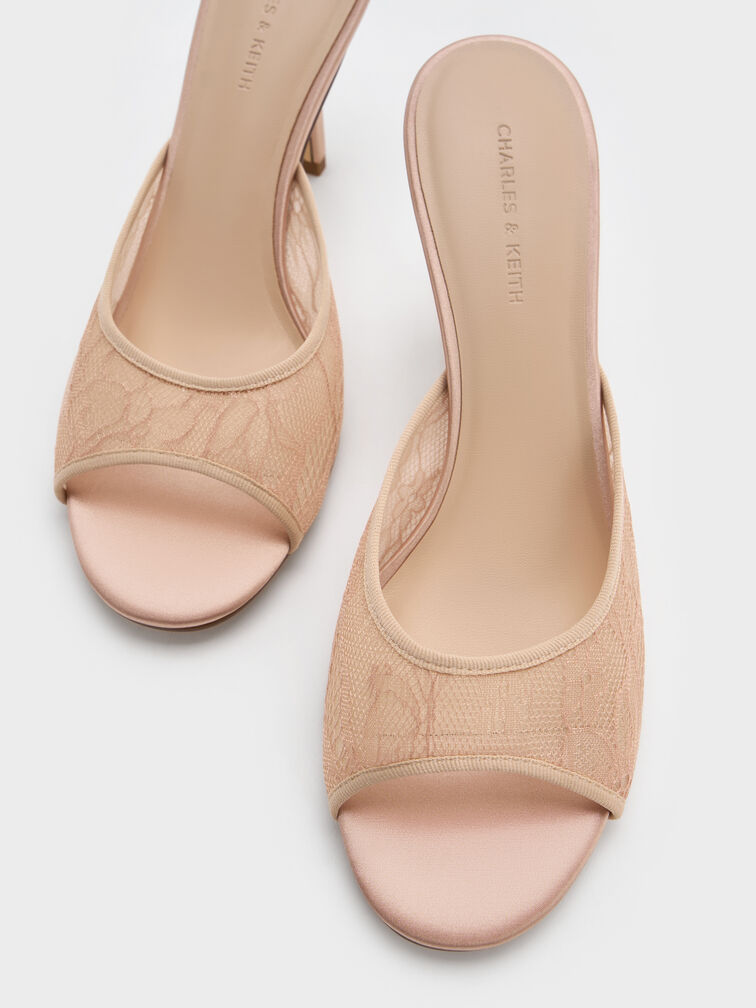 Lace Stiletto Mules, Nude, hi-res