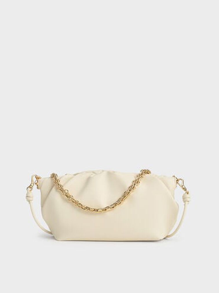 Brigette Ruched Chain-Handle Clutch, Cream, hi-res