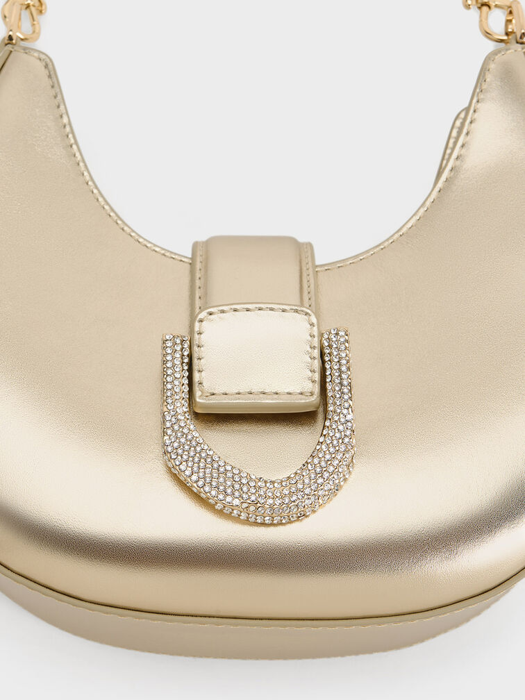Gabine Metallic Leather Crystal-Embellished Hobo Bag, Gold, hi-res