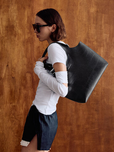 Liv Croc-Effect Tote Bag, Noir, hi-res
