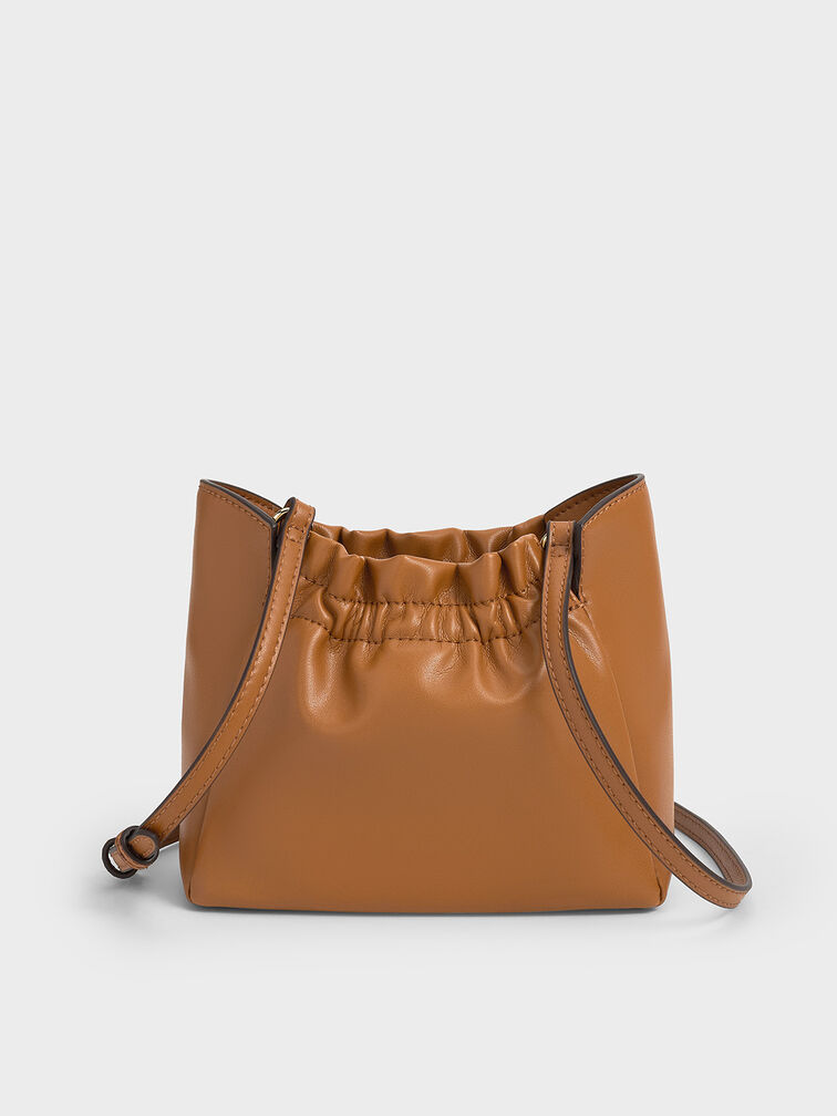 Brigette Ruched Chain-Handle Shoulder Bag, Brown, hi-res
