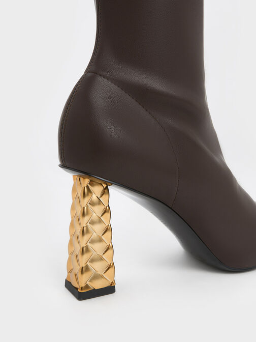 Pointed-Toe Quilted Heel Ankle Boots, Dark Brown, hi-res