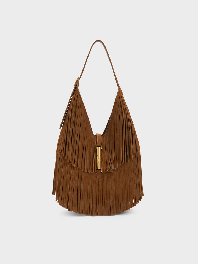 Cesia Recycled Suede Fringed Hobo Bag, Sienna Brown, hi-res
