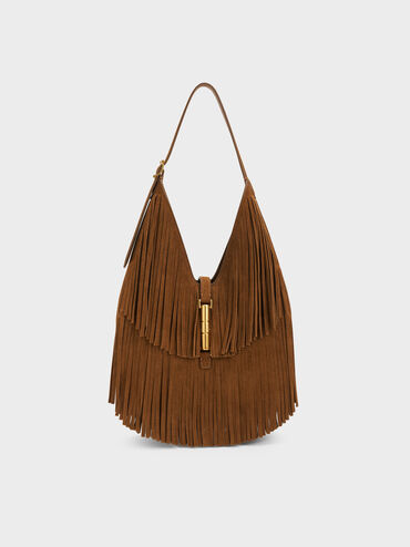 Cesia Recycled Suede Fringed Hobo Bag, Sienna Brown, hi-res
