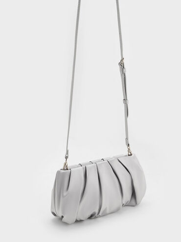 Satin Ruched Bead-Handle Bag, Silver, hi-res