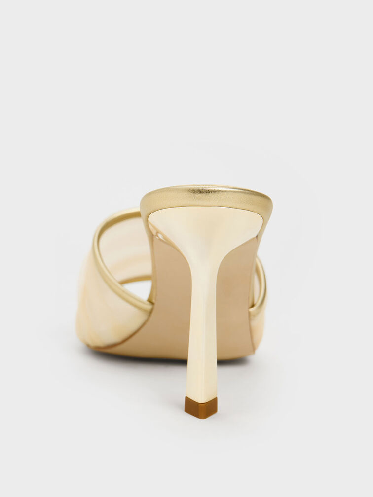 Metallic Chiffon Ruched Heeled Mules, Gold, hi-res
