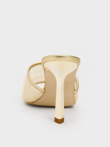 Metallic Chiffon Ruched Heeled Mules, Gold, hi-res