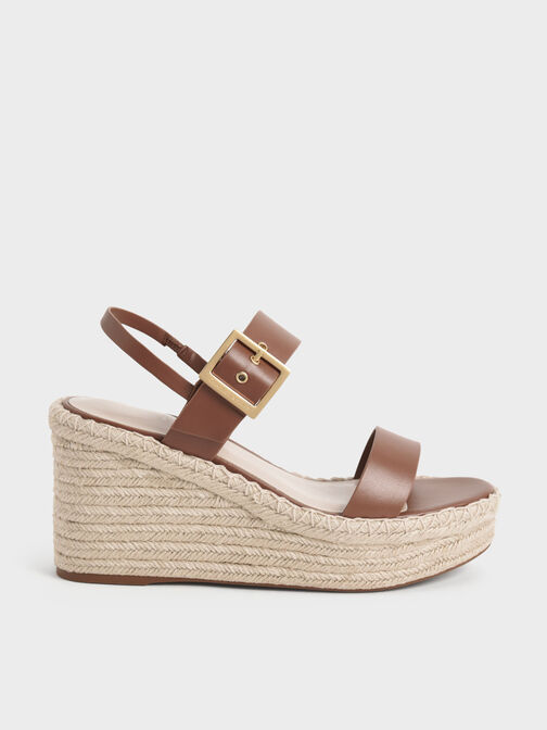 Buckled Espadrille Wedges, Brown, hi-res