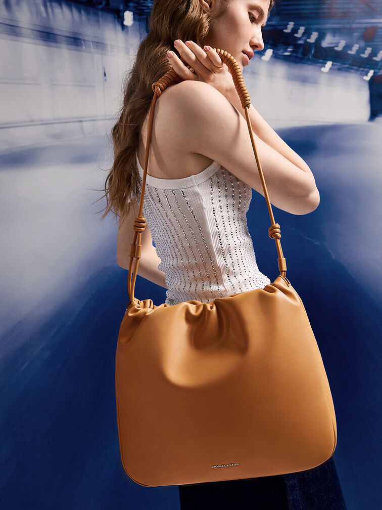 Lorelai Ruched Knotted-Strap Hobo Bag, Russet Brown, hi-res