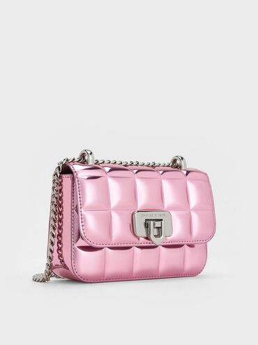 Metallic Square-Quilted Chain-Handle Bag, Pink, hi-res