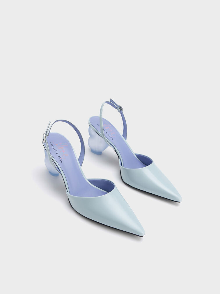 Heart Heel Slingback Pumps, Light Blue, hi-res
