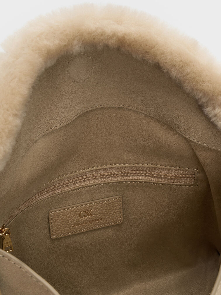 Suede Shearling-Lined Top-Flap Hobo Bag, Sable Beige, hi-res