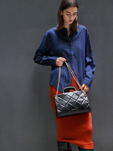 Apfra Quilted Chain-Handle Bag, Black, hi-res