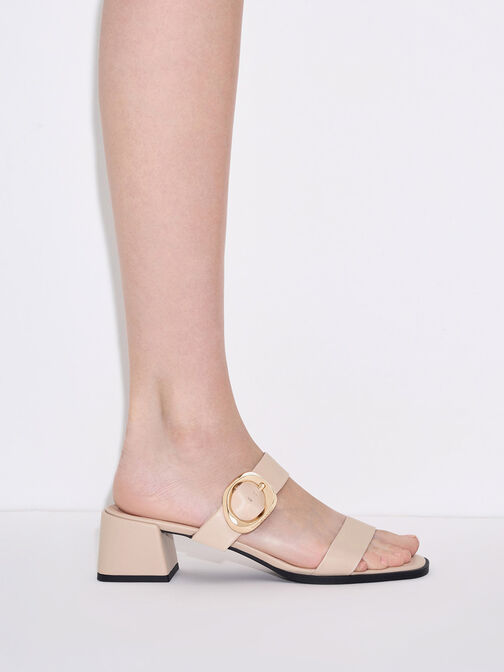 Oval Buckle-Accent Trapeze-Heel Mules, Nude, hi-res