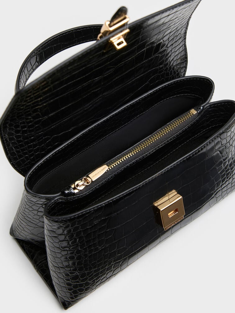 Adalyn Croc-Effect Metallic-Buckle Chain-Strap Top Handle Bag, Black Croco, hi-res