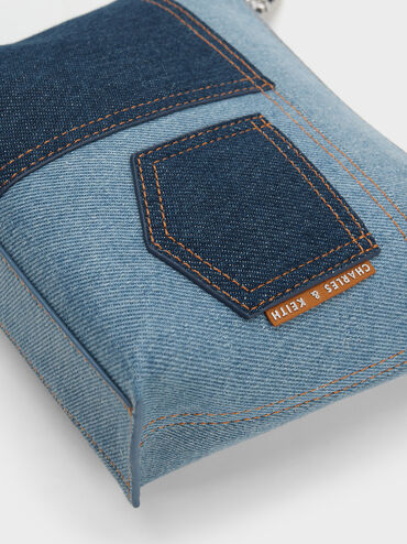 Anthea Denim Contrast-Trim Shoulder Bag, Denim Blue, hi-res