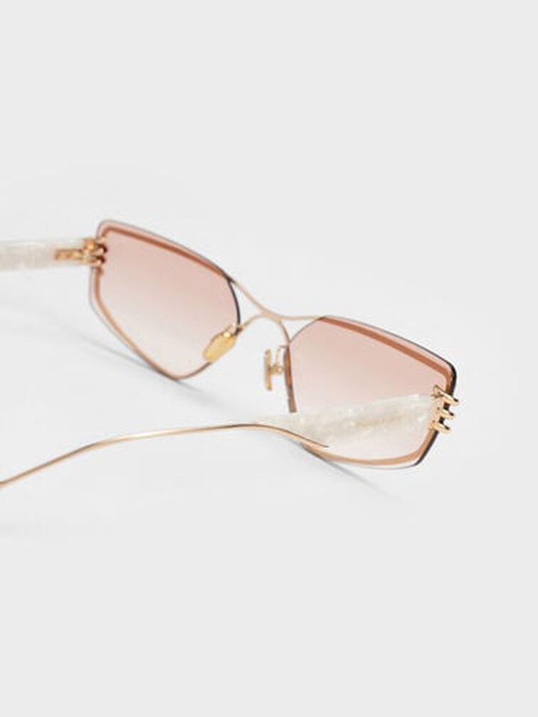 Metallic-Rimmed Geometric Sunglasses, Cream, hi-res