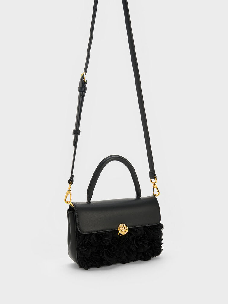 Floral Mesh Top Handle Bag, Black, hi-res
