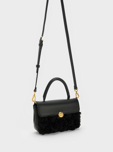 Floral Mesh Top Handle Bag, Black, hi-res