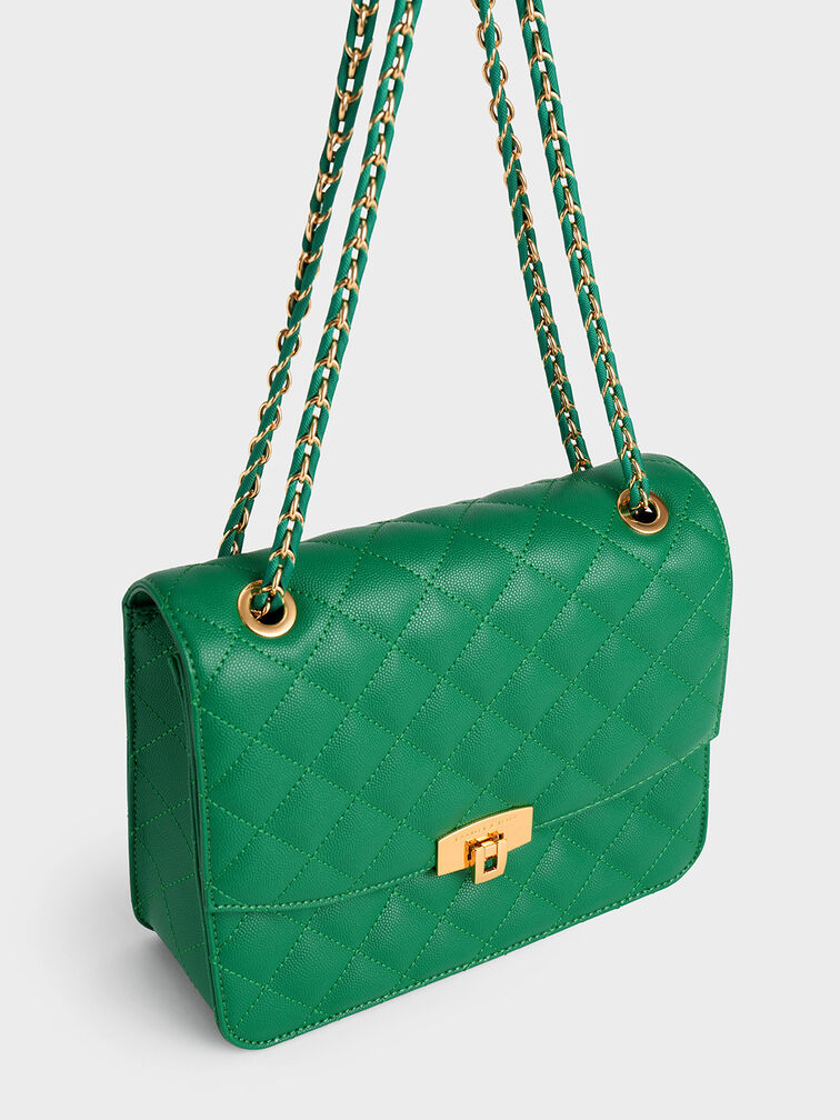 Quilted Chain Strap Clutch, Green, hi-res