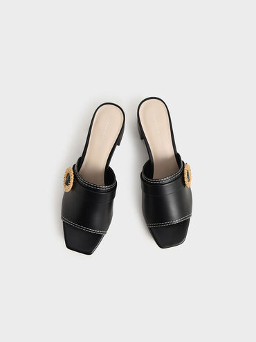 Woven Buckle Platform Mules, Black, hi-res