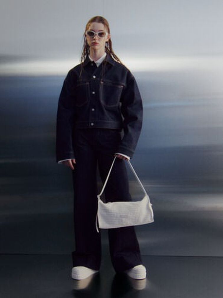 Textured Elongated Shoulder Bag, Frosted White, hi-res