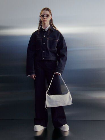 Textured Elongated Shoulder Bag, Frosted White, hi-res