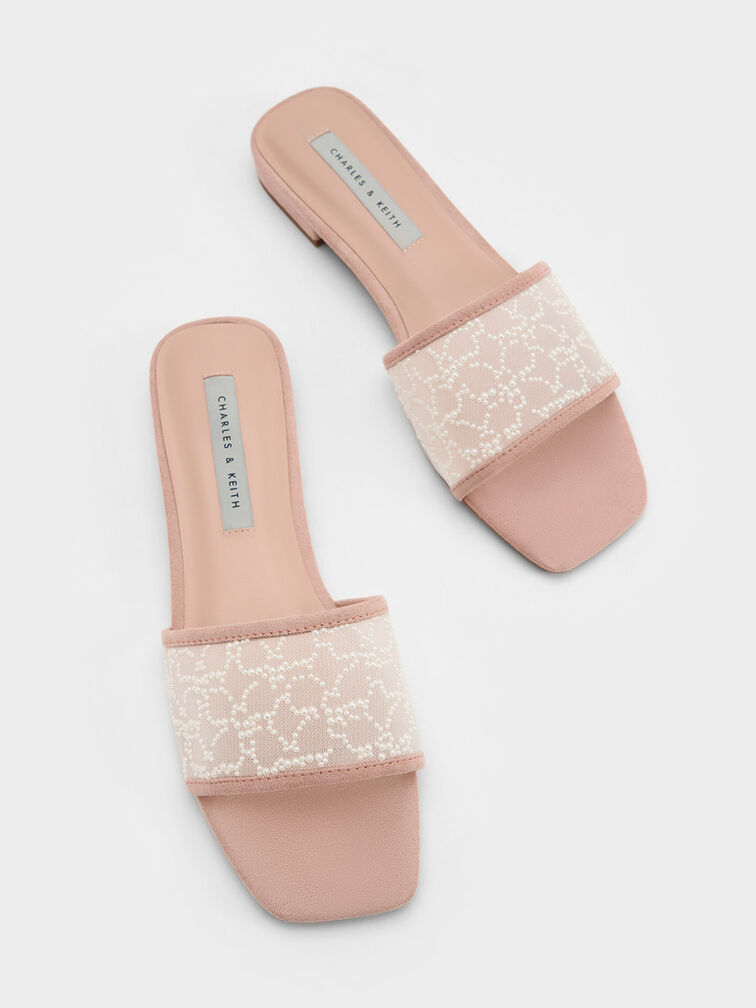 Bead-Embellished Mesh Flat Sandals, Nude, hi-res