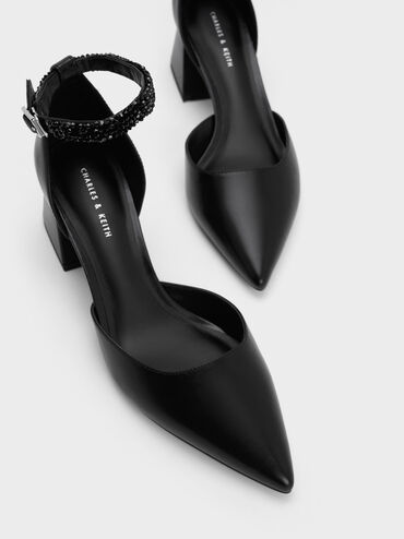 Beaded Ankle-Strap D'Orsay Pumps, Black, hi-res