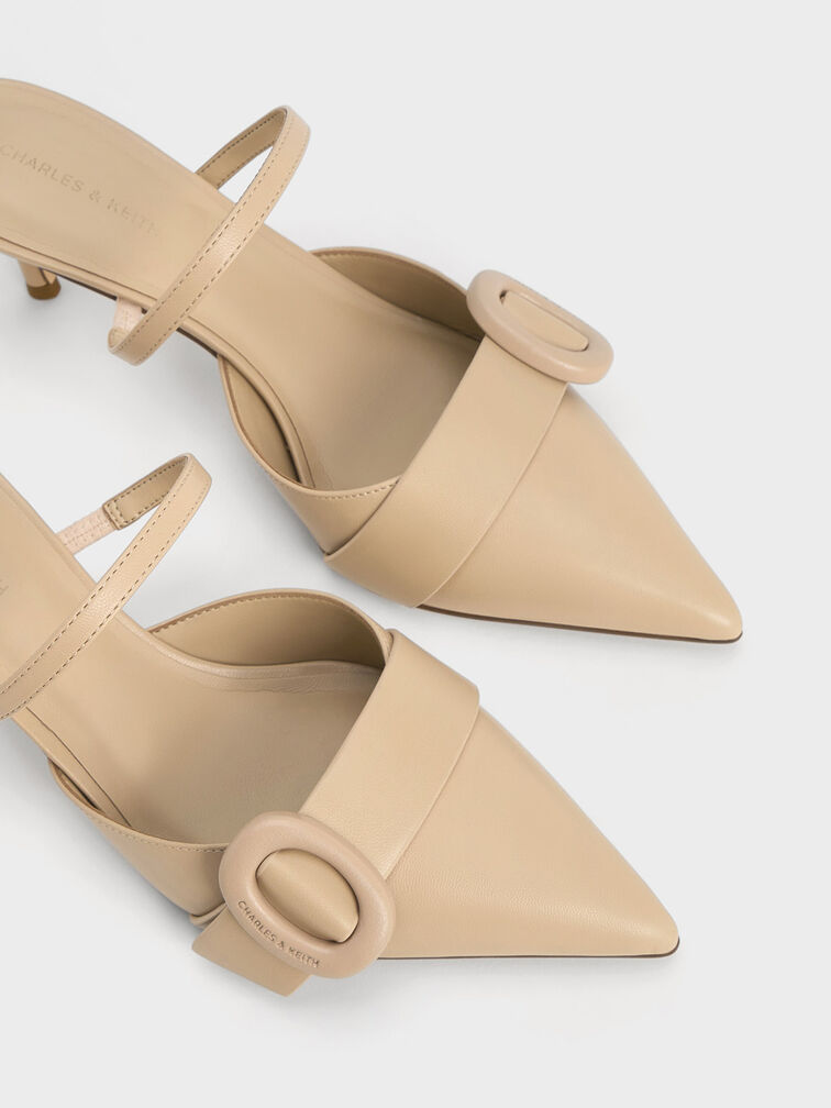 Oval-Buckle Pointed-Toe Mules, Beige, hi-res