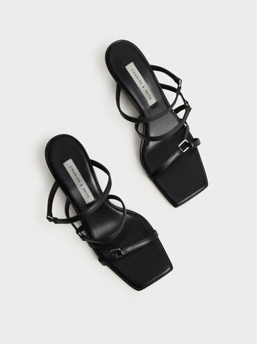 Strappy Wedge Mules, Black, hi-res