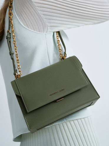 Front Flap Chain Handle Crossbody Bag, Olive, hi-res
